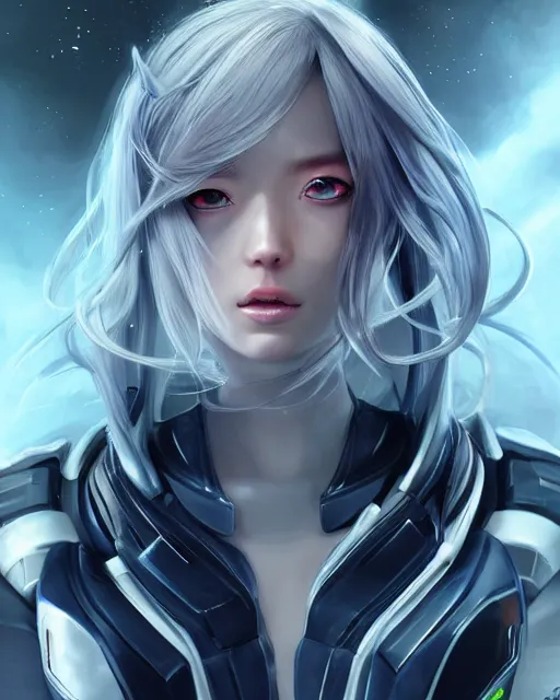 Image similar to perfect android girl family, full body character design, warframe armor, beautiful face, scifi, futuristic, galaxy, nebula, bae suzy, dreamy, long white hair!!!, blue cyborg eyes, sharp focus, cinematic lighting, highly detailed, artstation, divine, by gauthier leblanc, kazuya takahashi, huifeng huang