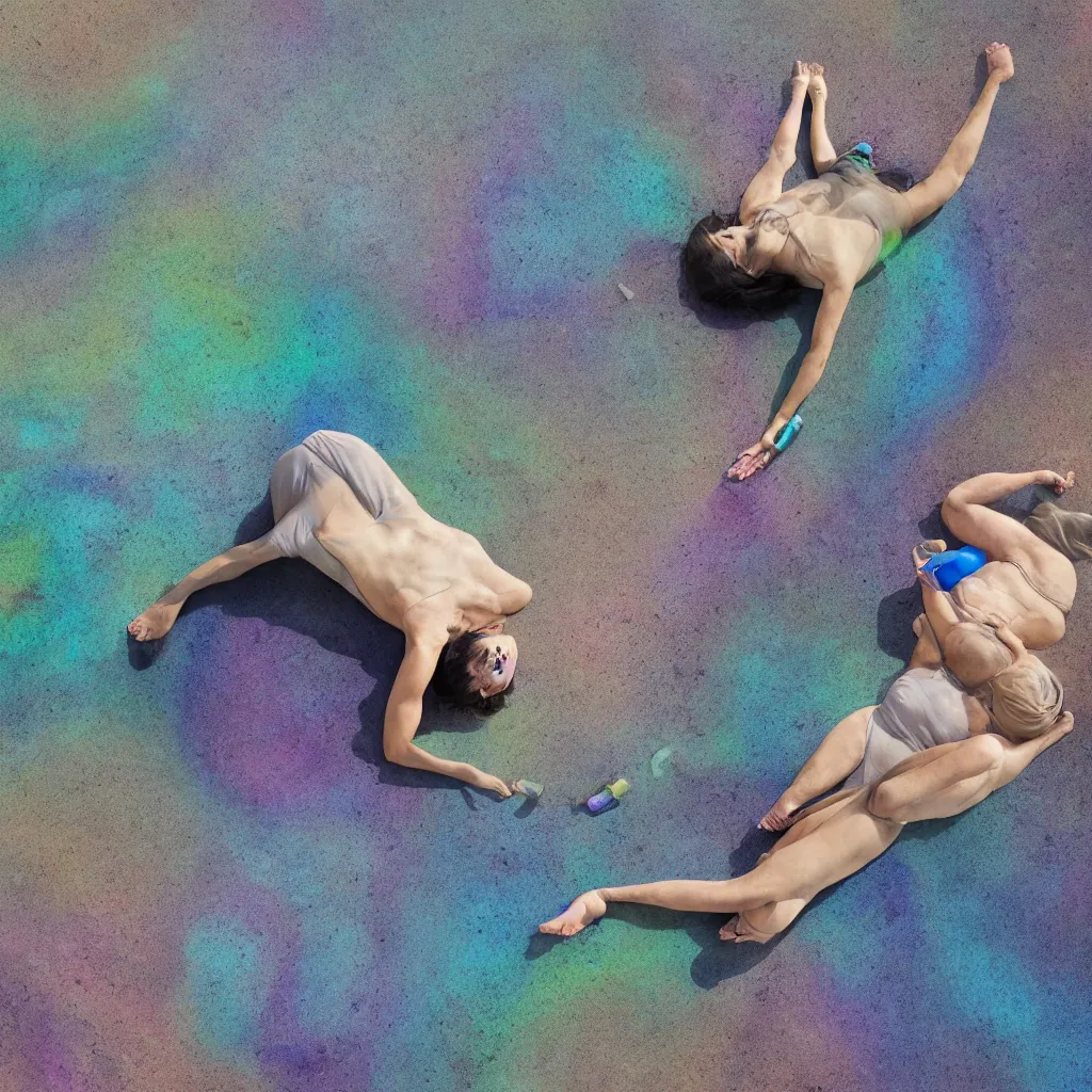 Image similar to overhead view of iridiscent oil slick and eroded stones with a woman's corpses connected by a transparent pipe to a baby buried relaxing on yoga mat, faded, gradient, depth of field, ultra realistic, very detailed, glitch, by nadav kander, 8 k hyper realistic detailed cinematic