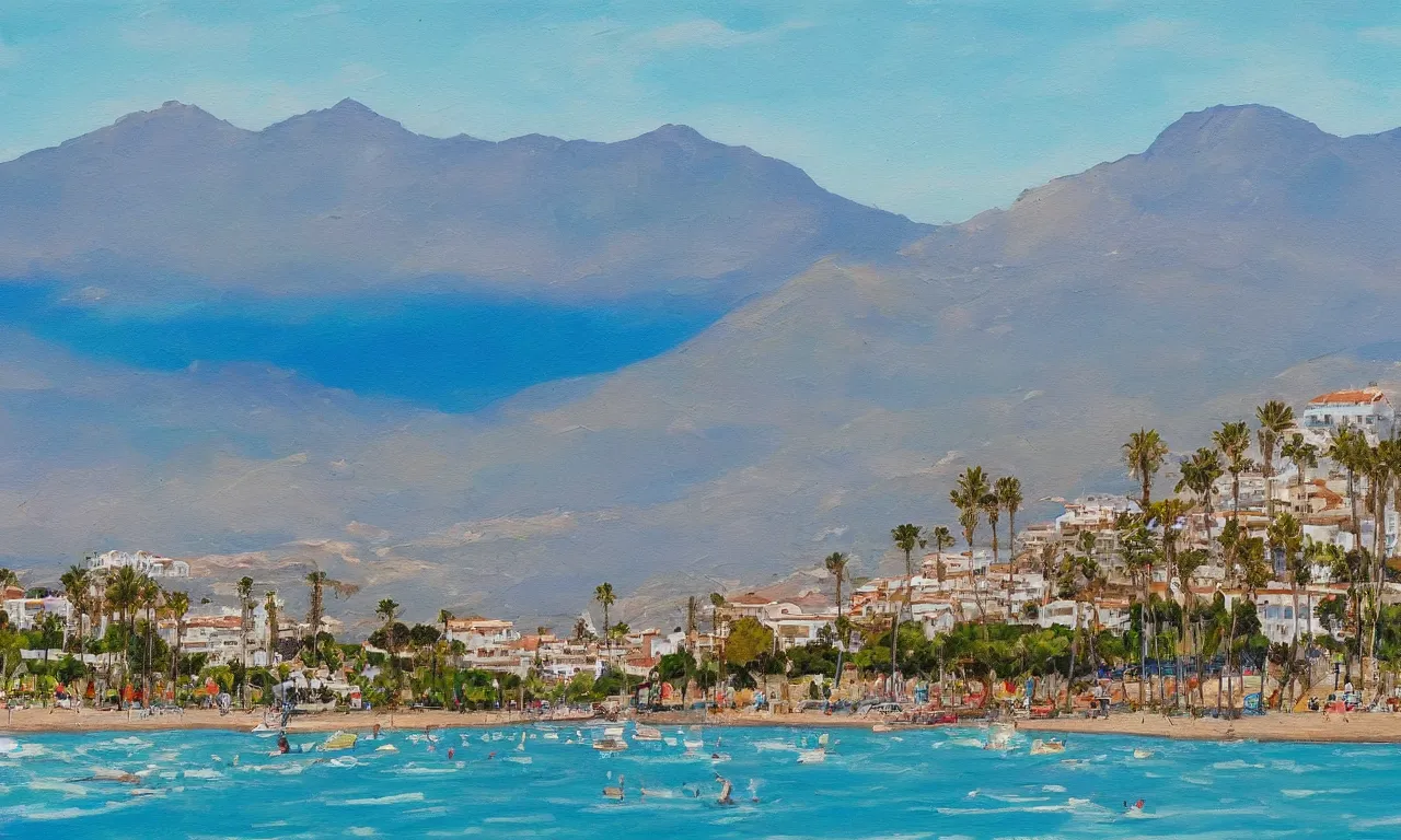 Prompt: detailed painting of marbella landscape, sun coast, small city, beach, mountain in the background, trending on artstation
