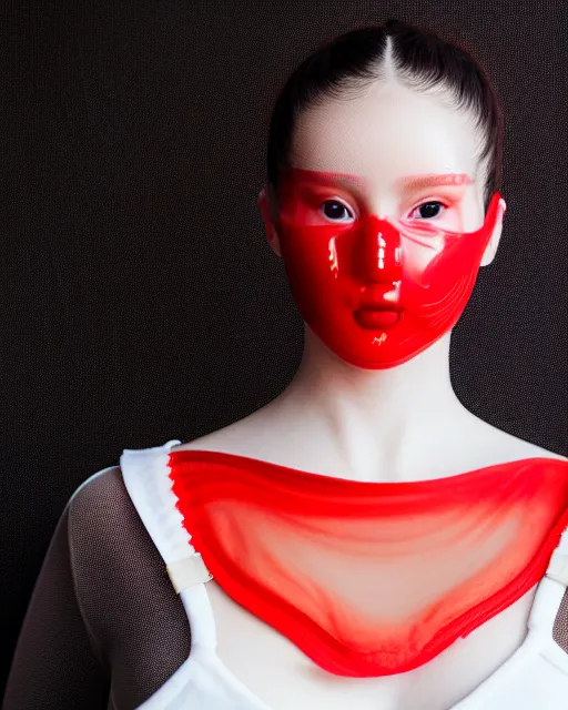 Prompt: portrait of a woman wearing a red embroidered translucent silicone mask and white frizzy hair buns, wearing a black bodysuit, cream white background, soft diffused light, biotechnology, humanoide robot, sterile light, futuristic aesthetic, translucent, ethereal, intricate details, highly detailed, masterpiece,