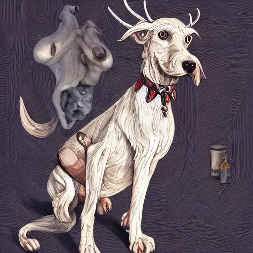 Image similar to a demon dog named bambi who is a white golden doodle and not actually a demon but called a demon because it acts like it is possesed, an ultrafine detailed painting by james jean, behance contest winner, vanitas, angular, altermodern