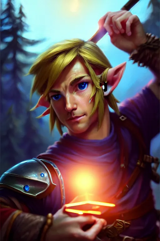 Image similar to cinematic shot of an epic portrait of link from zelda playing hes ocarina, shiny skin, beautiful eyes, beautiful, small details, night setting, realistic poster with volumetric light from craig mallism, artgerm, jeremy lipkin and michael garmash, unreal engine, radiant light, detailed and complex environment, digital art, trends at art station, a masterpiece