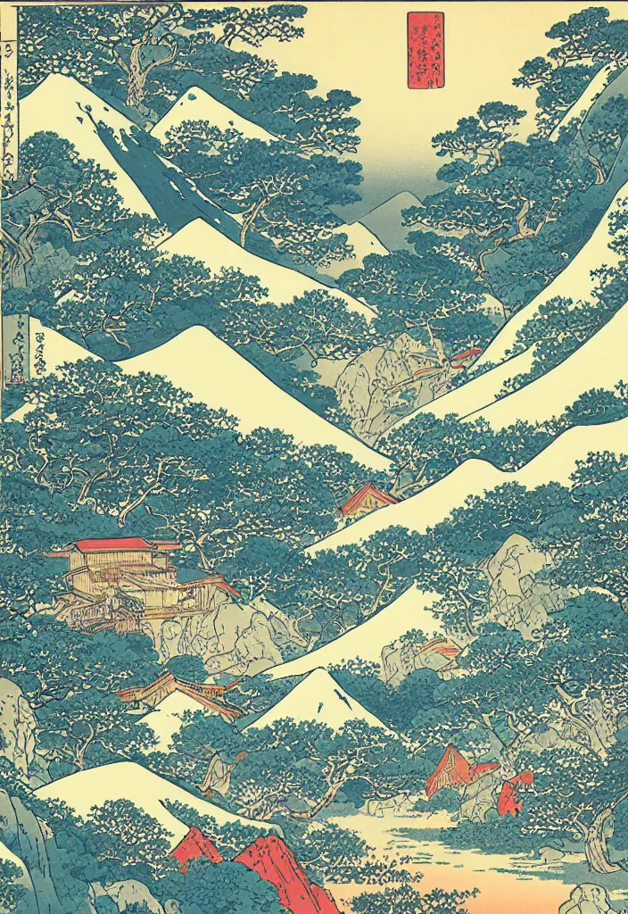 Image similar to Swiss alps valley in the summer, woodblock art by Hokusai