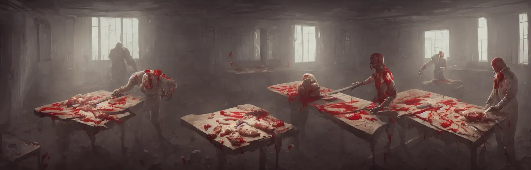 Image similar to a faceless butcher chopping up human bodies on a bloodstained table in a dark scary hunted dilapidated room, dim lighting, petrine crosses on wall, isometric, wide view, cinematic view, ultrarealistic, 8 k, unreal engine, by atey ghailan, artstation