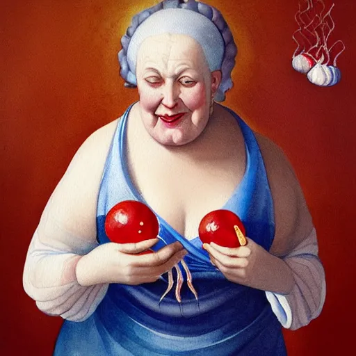 Image similar to a very funny stylize oil painting in renaissance style of a sweet fat old woman kissing a colorful jelly fish. symmetry face, red mouth, blue eyes. flowery dress. hyper realistic scene. 3 d, octane render, deep focus, white scene. very funny and sweet image. unreal engine. watercolor. fellini style. poster quality. da vinci painting style.