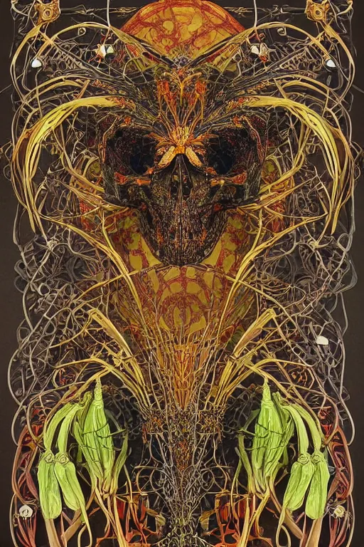 Prompt: intricate atomical skeleton of a crow, crow skull, background consists of interwoven varities of superhot chili peppers, bhut jolokia, carolina reaper, trinidad scorpion, voronoi, fibonacci sequence, leaves, by Moebius, Alphonse Mucha, peter mohrbacher, hiroshi yoshida, Art Nouveau, cgsociety, concept art, tweed colour scheme, psychedelic, complementary colour scheme, 3d