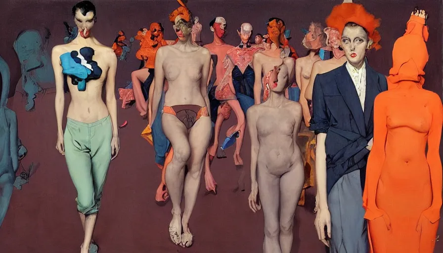 Prompt: maison schiaparelli runway show by francis bacon, surreal, norman rockwell and james jean, greg hildebrandt, and mark brooks, triadic color scheme, by greg rutkowski, syd mead and edward hopper and norman rockwell and beksinski, lingerie, dark surrealism, orange and turquoise