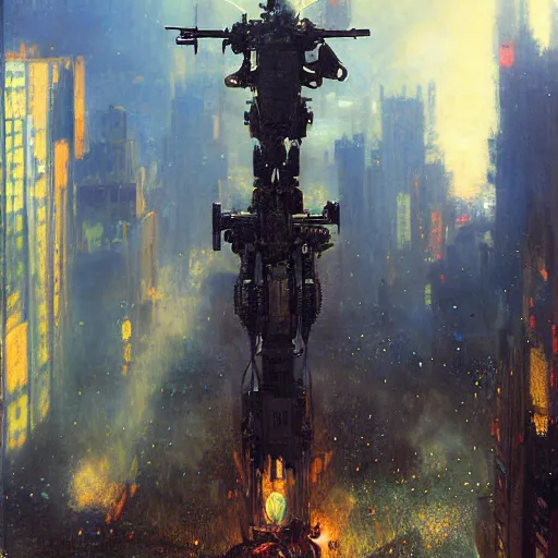 Image similar to six meters tall mech fighting in an urban environment, epic action scene, ultra realistic illustration by gaston bussiere craig mullins jc leyendecker gustav klimt artgerm greg rutkowski john berkey, bergey, craig mullins, ruan jia, raymond swanland, jeremy mann, tom lovell, alex malveda, ray casting, hdr