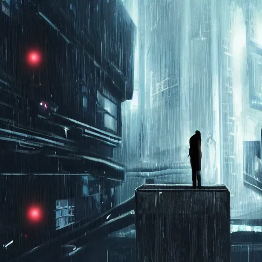 Prompt: a heartfelt unspoken love story between two robots overlooking a crumbling empty city, third person, cyberpunk, dystopia, rain, bittersweet, realism, painting