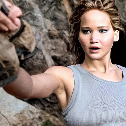 Prompt: Promo picture of Jennifer Lawrence Cliffhanger remake (2029)