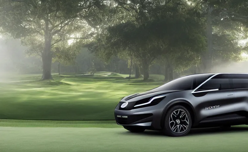 Image similar to the electric suv honma will release soon, outdoor product photography on a golf course, fog, very besautiful ambient light, sun rays