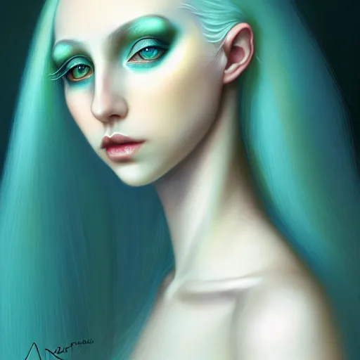 Image similar to portrait of girl with pale teal hair, luna moth, uniquely beautiful, fantasy, intricate, elegant, dramatic lighting, emotionally evoking symbolic metaphor, highly detailed, lifelike, photorealistic, digital painting, artstation, concept art, smooth, sharp focus, illustration, art by John Collier and Albert Aublet and Krenz Cushart and Artem Demura and Alphonse Mucha