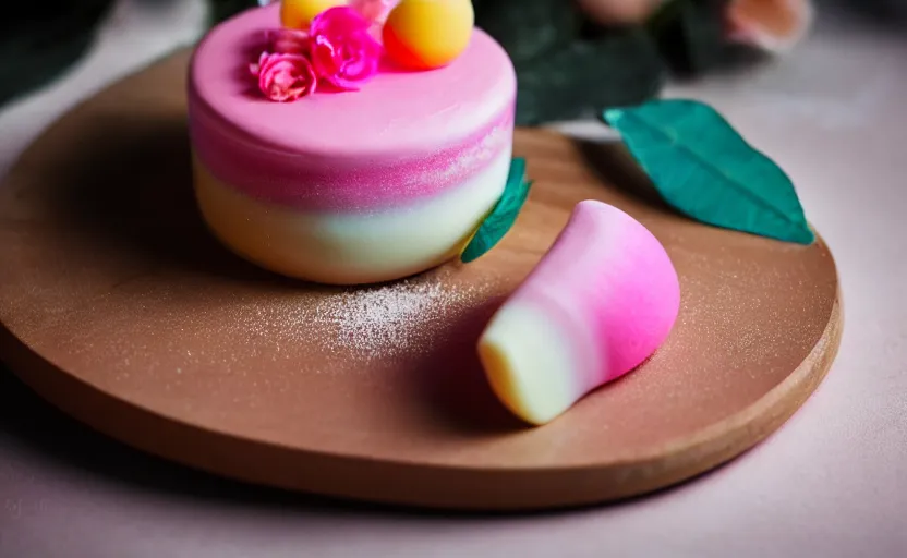 Image similar to A photo of a swedish princess cake from the side on a wooden table, covered with pink marzipan, some powder sugar and a blue marzipan leaf in the center. Sunset. 4K. Cinematic lighting. High detail. Realistic. Delicious.