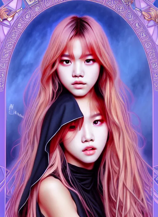 Image similar to lalisa manoban of blackpink, grim reaper costume, tarot card, highly detailed, digital painting, smooth, sharp focus, illustration, ultra realistic, 8 k, art by artgerm and alphonse mucha