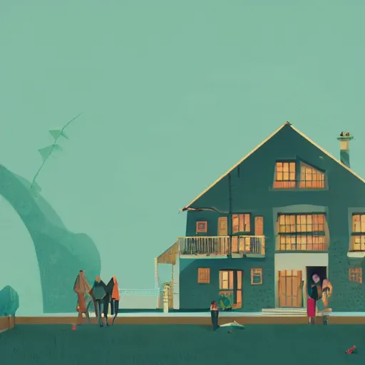 Image similar to people looking at a house, intricate, elegant, highly detailed, vector illustration, artstation, concept art, smooth, sharp focus, illustration, art by samuel werczler, tom whalen, niark 1, jonny wan, sea green color theme