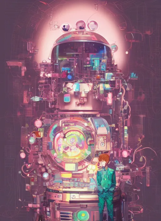 Image similar to a kawaii gouache painting, by yoshitaka amano, by Victo Ngai, by shaun tan, by good smile company, detailed anime 3D render of an attractive male modular mechanical android, portrait, cgsociety, by Peter Mohrbacher, by Lisa Frank, futuristic setting, gel lighting neon glow