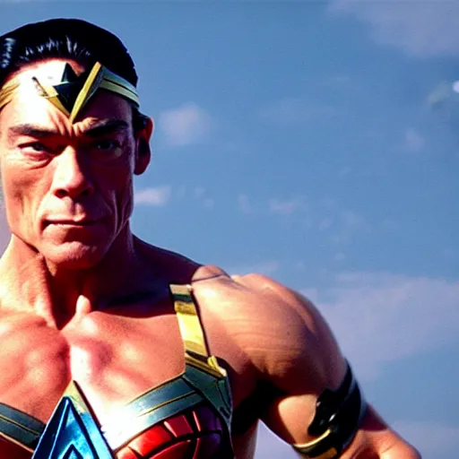 Image similar to film still of Jean-Claude Van Damme playing Wonder Woman, 4k