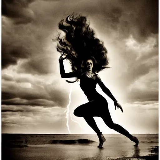 Image similar to wild woman dancing in an epic storm with lightning, fire, creepy shadows, Tim Burton, black and white photograph, 40mm, hyper detailed, 8k, clear