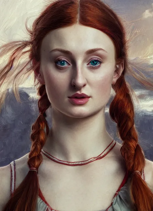 Image similar to portrait Sophie Turner as Pippi Longstocking, full length shot, shining, 8k highly detailed, sharp focus, illustration, art by artgerm, mucha, bouguereau