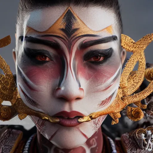 Image similar to portrait of a Kyoshi Warrior in full facepaint, digital art, highly detailed, concept art, intricate, sharp focus, Trending on Artstation HQ, unreal engine 5, 4K UHD image