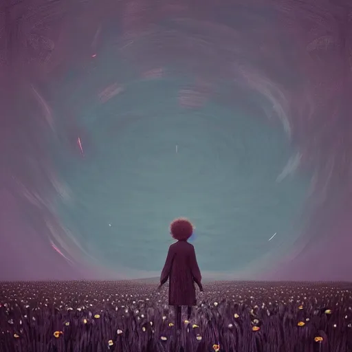 Image similar to giant black daisy flower over head, girl walking in wheat field, hills, surreal photography, dark night, star trails, dramatic light, impressionist painting, clouds, digital painting, artstation, simon stalenhag