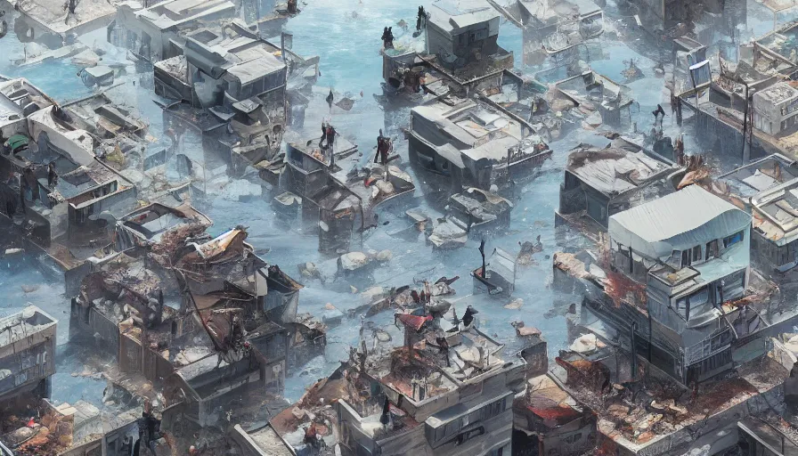 Image similar to people in a rooftop watching their city underwater after a tsunami, hyperdetailed, artstation, cgsociety, 8 k