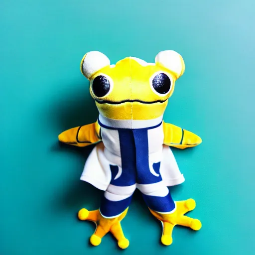 Image similar to cute plushie frog wearing a sailor suit, studio photography,