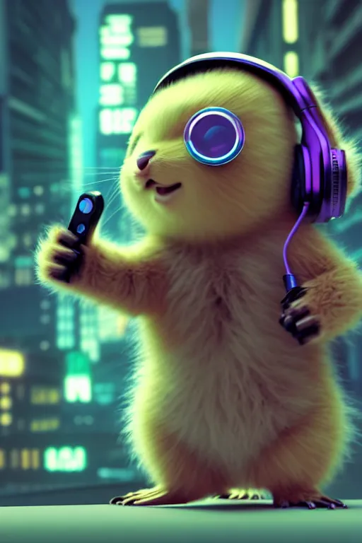 Image similar to high quality 3 d render neo - cyberpunk very cute half fluffy! wombat!! half cyborg with futuristic headphones, pastel mechanical! paw, cyberpunk monocle!, highly detailed, unreal engine cinematic smooth, in the style of detective pikachu, hannah yata charlie immer, neon purple light, low angle, uhd 8 k, sharp focus