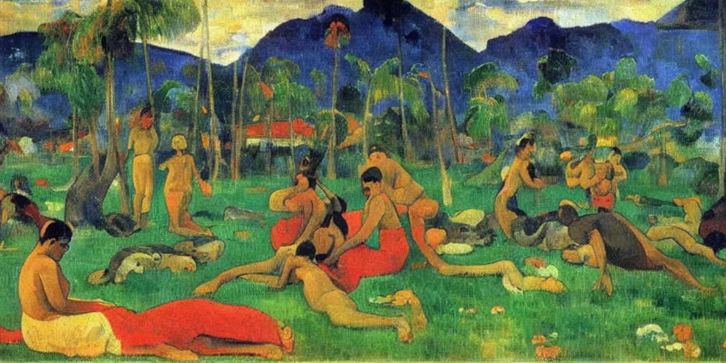 Image similar to there is another world very close to ours that we don't perceive directly, but they do interact sometimes. painting by paul gauguin ( 1 9 0 0 )