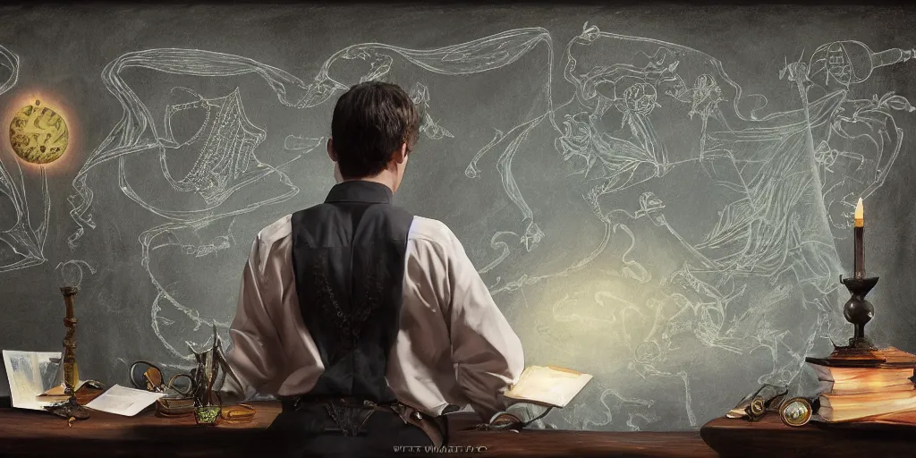 Image similar to back shot of male accountant examining the mysteries of tarot cards on a magical blackboard, fantasy art, matte painting, high quality, digital painting, artwork by terryl whitlatch