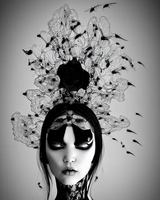 Image similar to dreamy surreal poetic black and white 3D render of a beautiful young porcelain female-cyborg-vegetal with a very long neck and a super big gothic lace collar filled with dead flies and a very high big floral crown with many black dry roses:: smoke, high fashion, haute couture, rococo, avant-garde, elegant, dreamy, hyper realistic, 150 mm lens, soft rim light, octane render, unreal engine, volumetric lighting, dramatic light,8k,