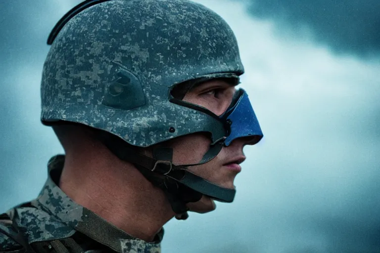 Image similar to a cinematic headshot photograph of a soldier, stormy weather, dry, film still, cinematic, dramatic lighting, blue color theme, by zack snyder