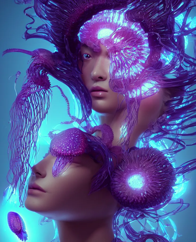 Image similar to goddess close-up portrait. orchid jellyfish phoenix head, nautilus, skull, betta fish, bioluminiscent creatures, intricate artwork by Tooth Wu and wlop and beeple. octane render, trending on artstation, greg rutkowski very coherent symmetrical artwork. cinematic, hyper realism, high detail, octane render, 8k