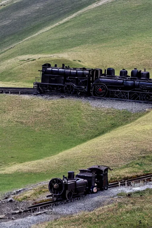 Prompt: Steam locomotive on the hill