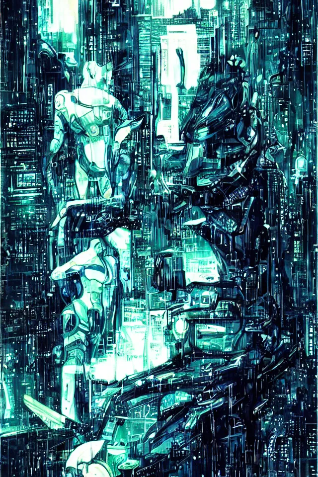 Prompt: artwork by Ridley Scott showing a android dreaming about electric sheep, cyberpunk, Blade Runner