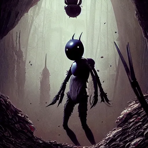 Image similar to extremely detailed cinematic movie still hollow knight by denis villeneuve, wayne barlowe, simon birch, marc simonetti, philippe druillet, beeple, greg rutkowski, artgem