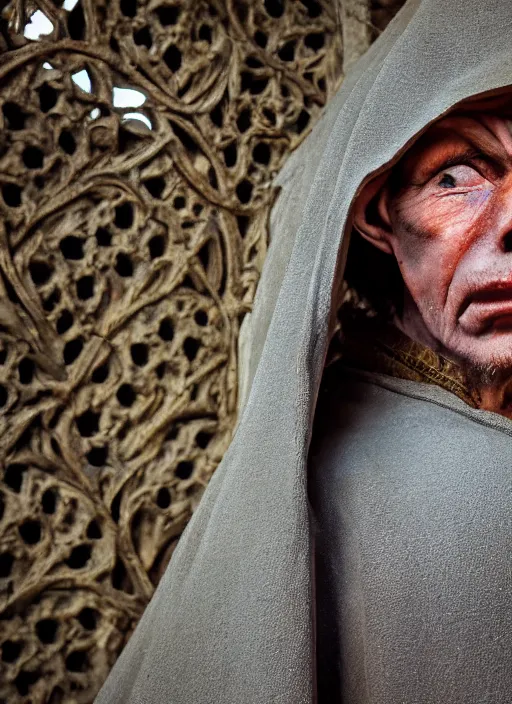 Image similar to closeup portrait of a contemplative medieval goblin in the cloisters with a halo, depth of field, zeiss lens, detailed, symmetrical, centered, fashion photoshoot, by annie leibovitz and steve mccurry, david lazar, jimmy nelsson, breathtaking, 8 k resolution, extremely detailed, beautiful, establishing shot, artistic, hyperrealistic, beautiful face, octane render