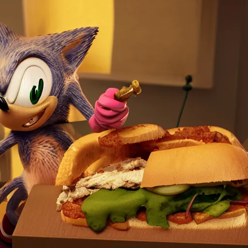 Image similar to sonic the old and decrepit hedgehog eating chorizo sandwich with a tetrabrik of wine. 3d render, hyperdetailed, dirty, blender, trending on artstation, octane render, photorealistic, intricate detail, disgusting