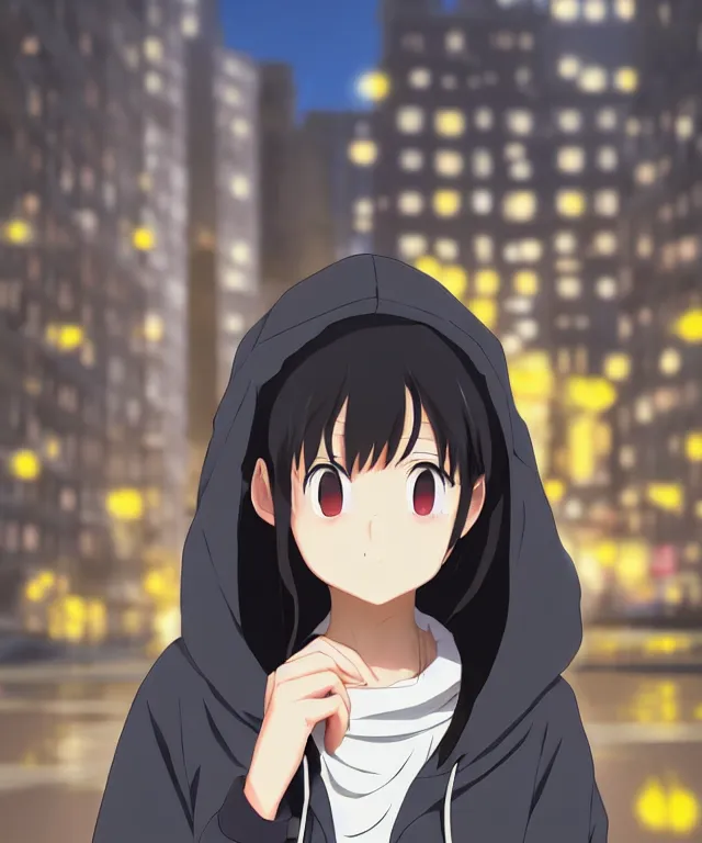 Prompt: anime visual, portrait of a young black haired girl wearing hoodie on the city street background, one person, cute face by yoh yoshinari, katsura masakazu, studio lighting, full body shot, strong silhouette, zoom out, ilya kuvshinov, cel shaded, crisp and sharp, rounded eyes, bright