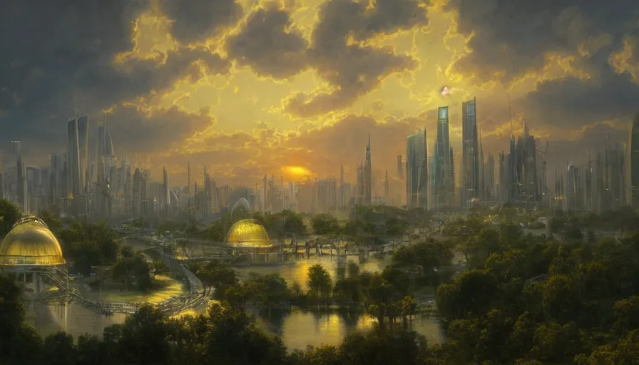 Prompt: capital city of the free republic of liberland with humongous green glass dome and path around it, zaha hadid architecture, sunset light, hyperdetailed, artstation, painting by gaston bussiere, craig mullins, j. c. leyendecker, 8 k
