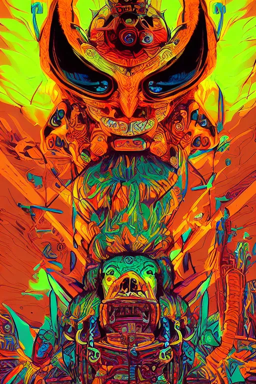 Image similar to totem animal tribal chaman vodoo mask feather gemstone plant wood rock video game illustration vivid color borderlands by josan gonzales and dan mumford radiating a glowing aura