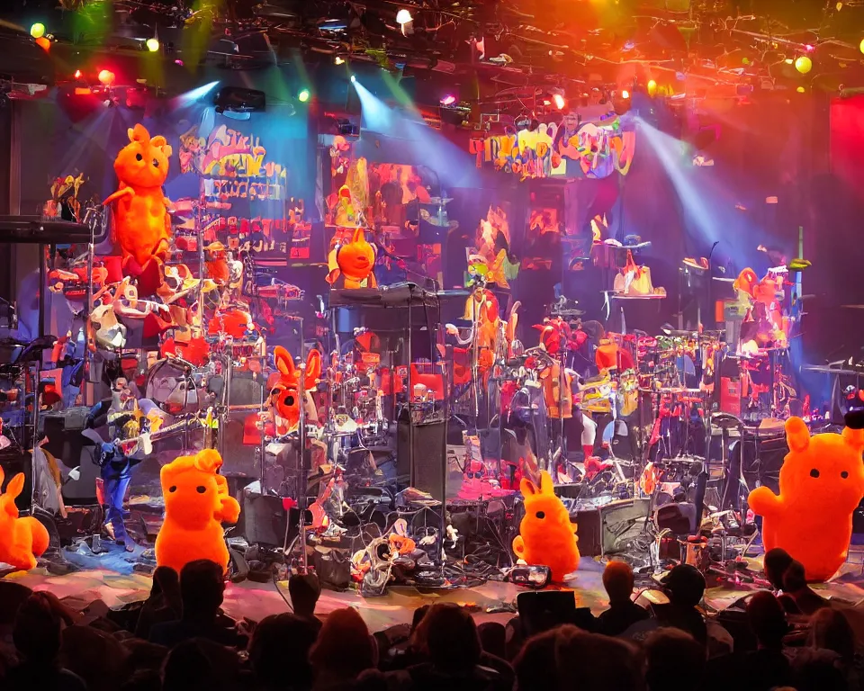 Image similar to an animatronic band composed of an orange rabbit, a red cat, and a blue sheep. the band is performing on stage at a family entertainment center. the center is brightly lit and there are families watching and enjoying the show.