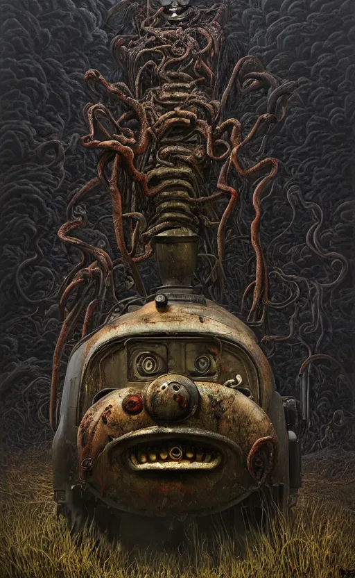 Image similar to thomas the tank engine in style of zdzisław beksinski, extremely dramatic lighting, 8 k, tendrils, black, darkness, black slime tendrils, infected, rust, body horror, thomas the train, thomas the tank engine face, horror,