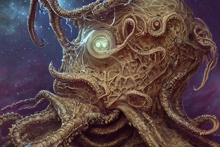 Image similar to a lovecraftian painting of cthulhu face of cosmic horror, cosmic horror elements, ultra realistic, concept art, intricate details, eerie, highly detailed, photorealistic, octane render, 8 k, unreal engine. art by artgerm and greg rutkowski and alphonse mucha