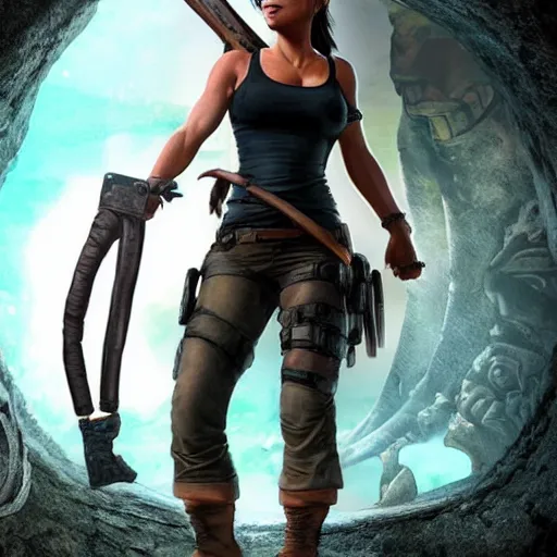 Image similar to photograph of lara croft inflated by a cursed idol. her body is huge, round, and bulging out of her clothes.