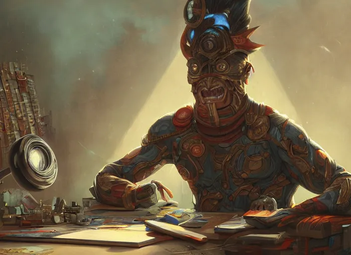 Prompt: an insanely detailed painting of an asian man wearing a homemade superhero costume, sitting at a desk, staring seriously at the computer and typing, in the style of peter mohrbacher, james jean, dramatic lighting and composition, surreal background, octane render, pixar, trending on artstation, concept art, comic book, view from behind, 8 k