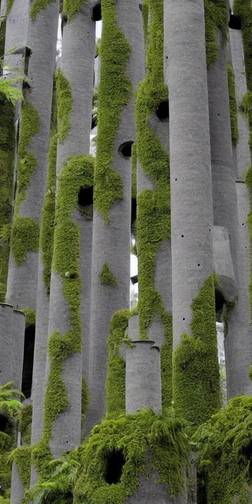 Prompt: tall and slender concrete towers emerge out of the gravel. Moss and ferns grow from holes in the towers. The towers are clustered very close together and stand straight and tall.