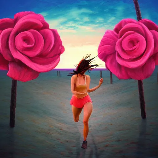 Image similar to portrait, giant rose flower head, woman running at the beach, surreal photography, sunrise, blue sky, dramatic light, impressionist painting, digital painting, artstation, simon stalenhag