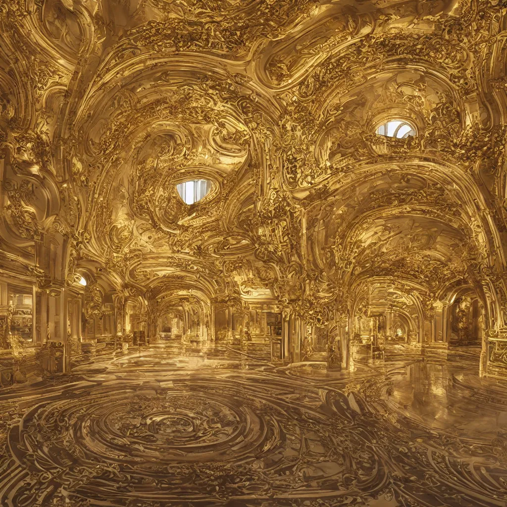 Image similar to an incredibly smooth curvilinear neo baroque interior architectural modern design, a golden pool on the ground, visually highly satisfying architecture render
