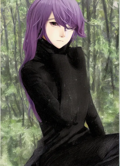 Prompt: illustration by shigenori soejima, by tatsuki fujimoto, by yoji shinakawa, girl, middle - parted long straight light purple hair, grey turtleneck coat, forest background, focus on face, pretty, moody lighting, painterly